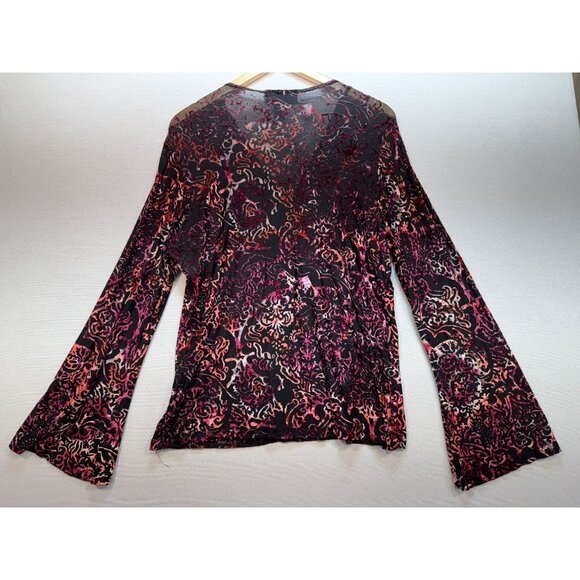 Venezia Velvet Burnout Wrap Blouse Top Womens 14/16 Red Sheer Flared Sleeves - Picture 9 of 12